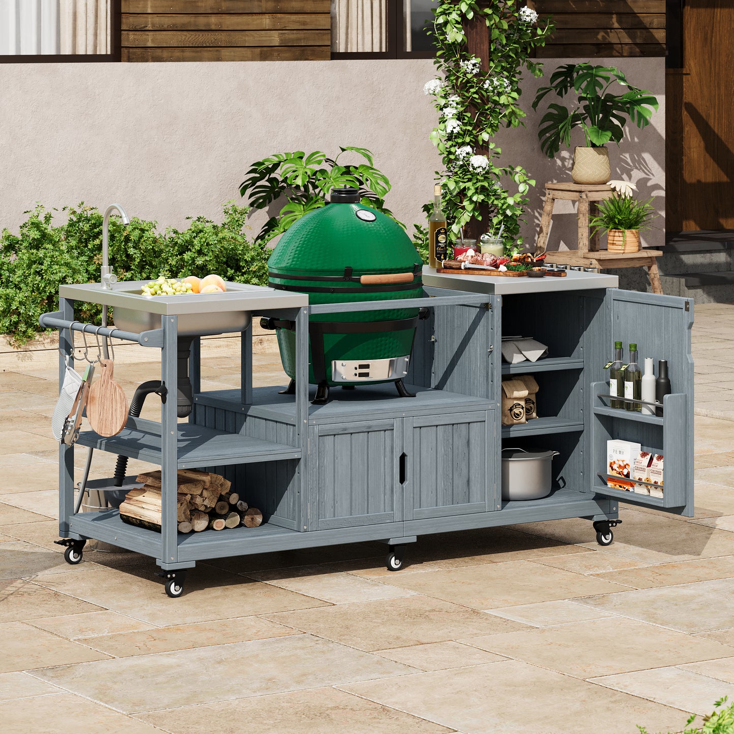 75.4" Outdoor Kitchen Island with Sink, Solid Wood Outdoor Grill Cart for XL Green Egg Grills, Rolling Outdoor Bar Cart with Stainless Steel Top, for Pizza Prep & BBQ, Grey Blue