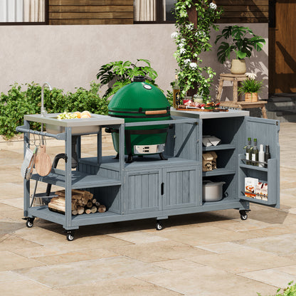 75.4" Outdoor Kitchen Island with Sink, Solid Wood Outdoor Grill Cart for XL Green Egg Grills, Rolling Outdoor Bar Cart with Stainless Steel Top, for Pizza Prep & BBQ, Grey Blue