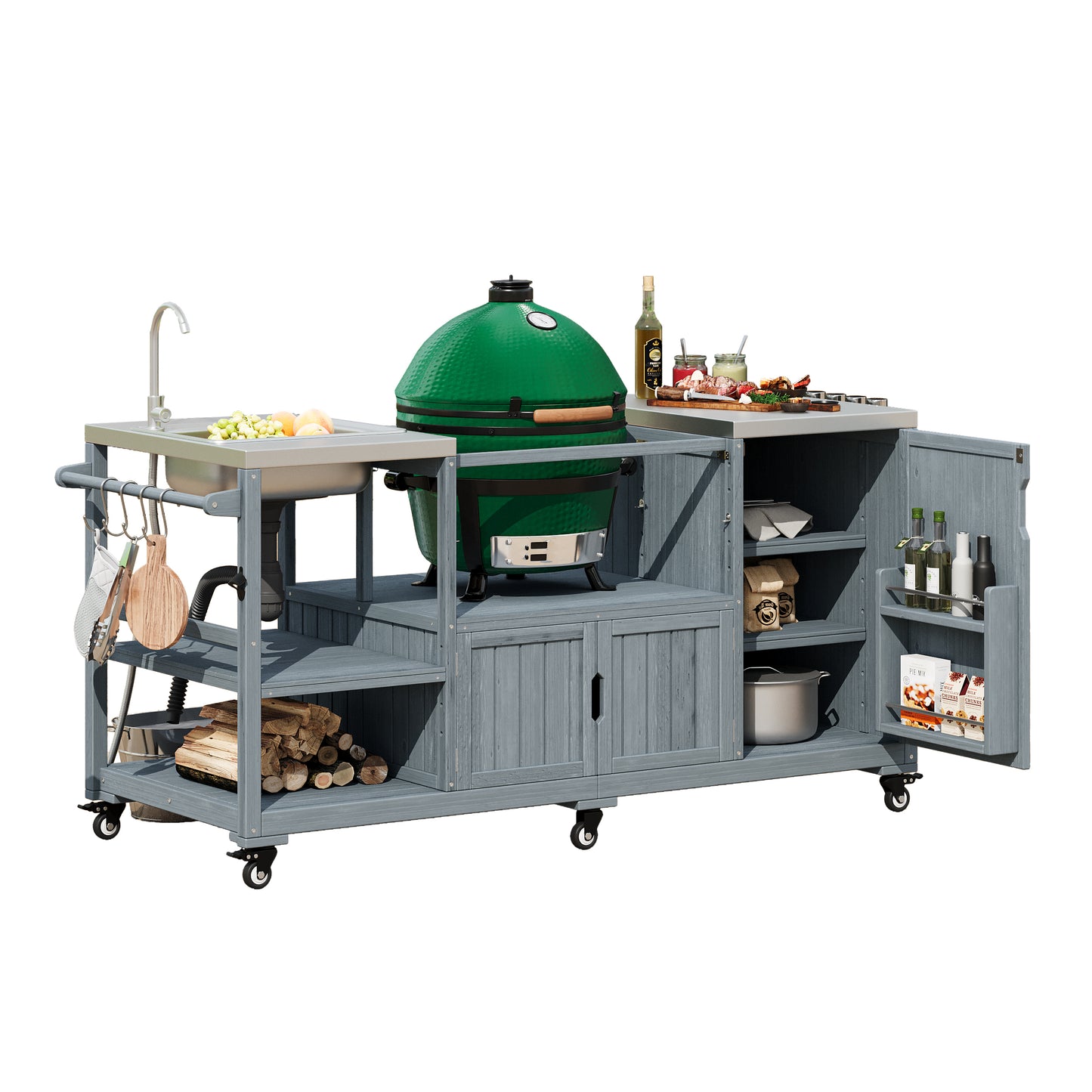 75.4" Outdoor Kitchen Island with Sink, Solid Wood Outdoor Grill Cart for XL Green Egg Grills, Rolling Outdoor Bar Cart with Stainless Steel Top, for Pizza Prep & BBQ, Grey Blue