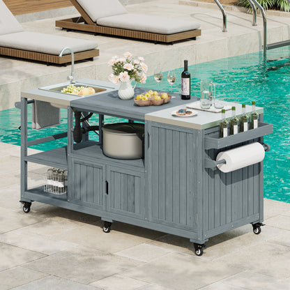 75.4" Outdoor Kitchen Island with Sink, Solid Wood Outdoor Grill Cart for XL Green Egg Grills, Rolling Outdoor Bar Cart with Stainless Steel Top, for Pizza Prep & BBQ, Grey Blue
