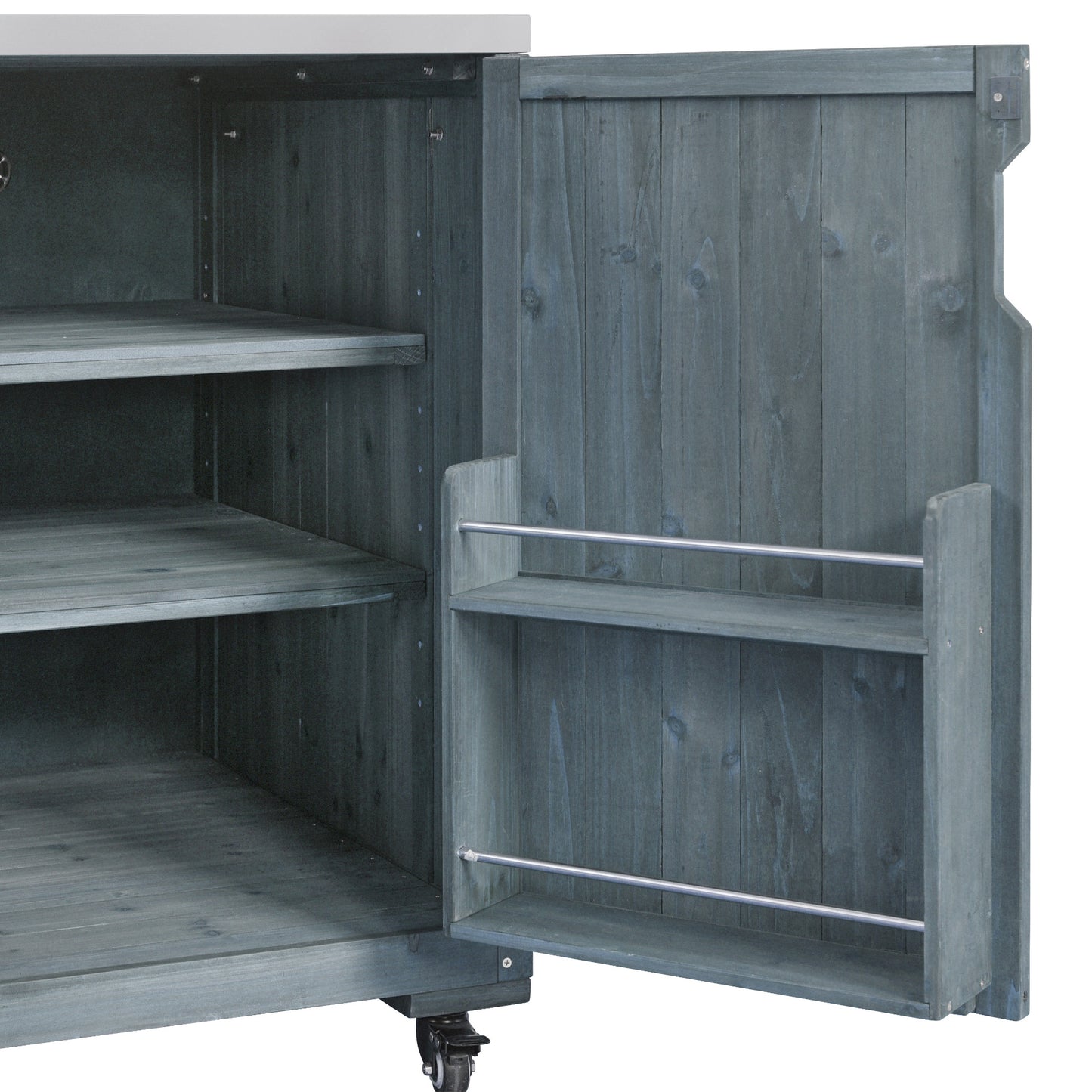 75.4" Outdoor Kitchen Island with Sink, Solid Wood Outdoor Grill Cart for XL Green Egg Grills, Rolling Outdoor Bar Cart with Stainless Steel Top, for Pizza Prep & BBQ, Grey Blue