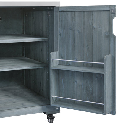 75.4" Outdoor Kitchen Island with Sink, Solid Wood Outdoor Grill Cart for XL Green Egg Grills, Rolling Outdoor Bar Cart with Stainless Steel Top, for Pizza Prep & BBQ, Grey Blue