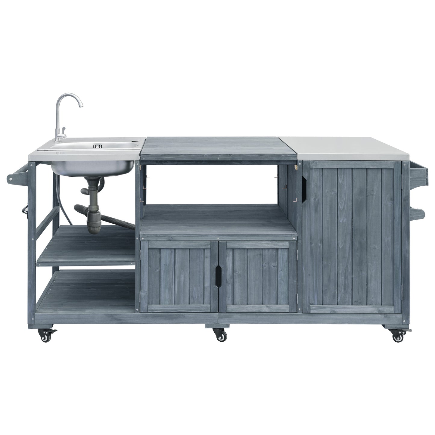 75.4" Outdoor Kitchen Island with Sink, Solid Wood Outdoor Grill Cart for XL Green Egg Grills, Rolling Outdoor Bar Cart with Stainless Steel Top, for Pizza Prep & BBQ, Grey Blue