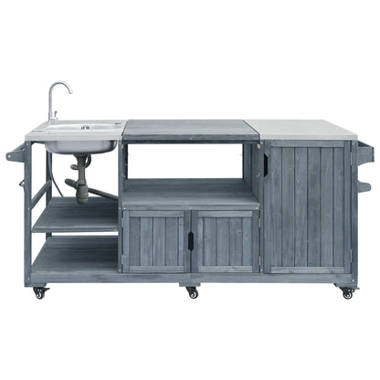 75.4" Outdoor Kitchen Island with Sink, Solid Wood Outdoor Grill Cart for XL Green Egg Grills, Rolling Outdoor Bar Cart with Stainless Steel Top, for Pizza Prep & BBQ, Grey Blue