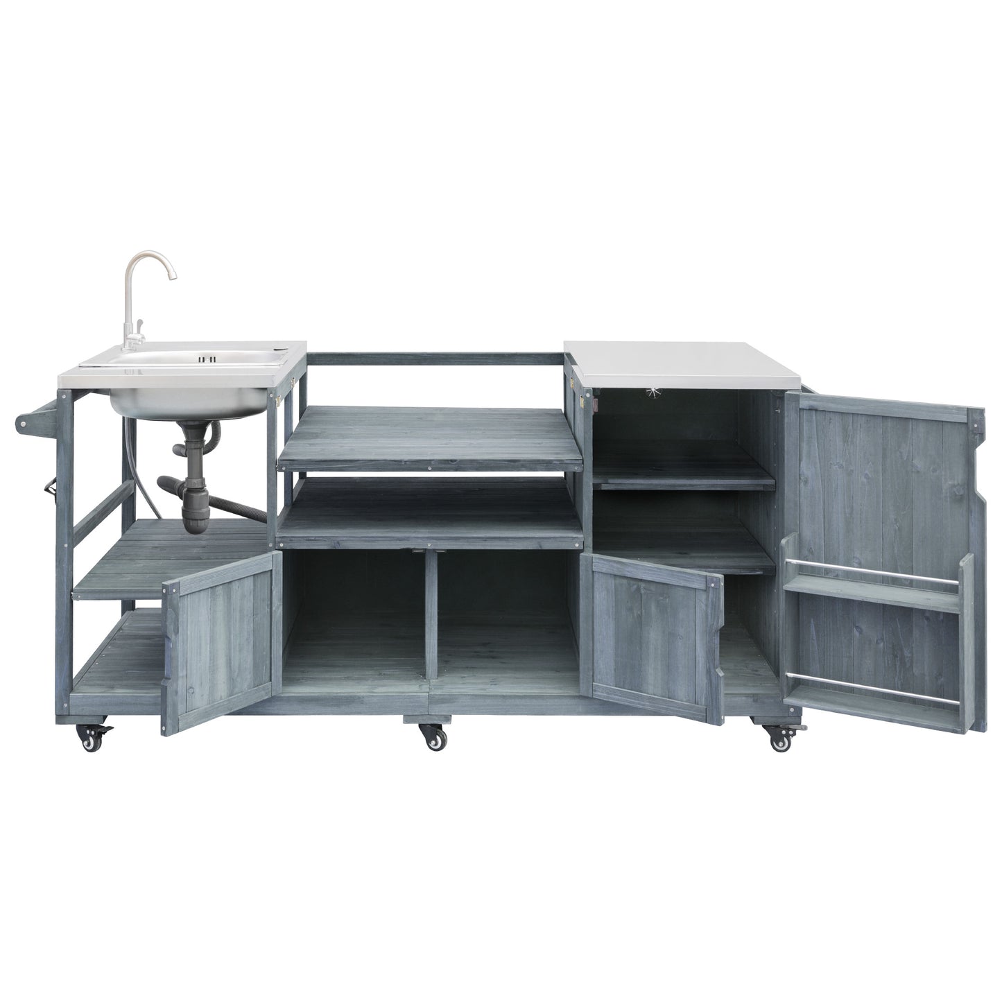 75.4" Outdoor Kitchen Island with Sink, Solid Wood Outdoor Grill Cart for XL Green Egg Grills, Rolling Outdoor Bar Cart with Stainless Steel Top, for Pizza Prep & BBQ, Grey Blue