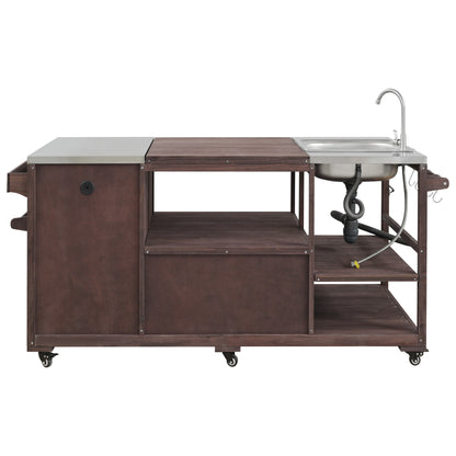 75.4" Outdoor Kitchen Island with Sink, Solid Wood Outdoor Grill Cart for XL Green Egg Grills, Rolling Outdoor Bar Cart with Stainless Steel Top, for Pizza Prep & BBQ, Brown