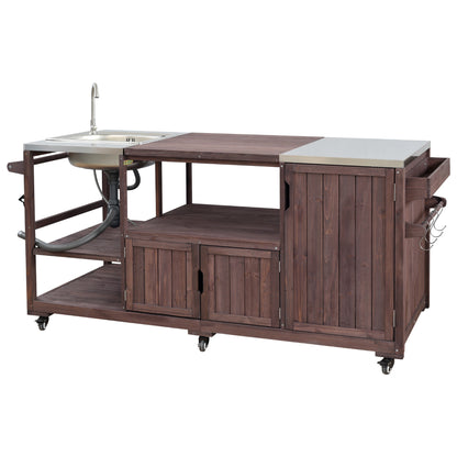 75.4" Outdoor Kitchen Island with Sink, Solid Wood Outdoor Grill Cart for XL Green Egg Grills, Rolling Outdoor Bar Cart with Stainless Steel Top, for Pizza Prep & BBQ, Brown