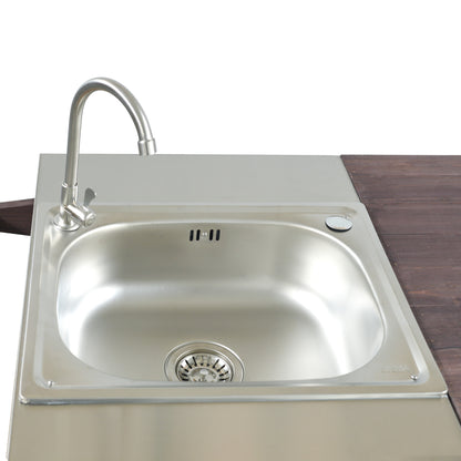 75.4" Outdoor Kitchen Island with Sink, Solid Wood Outdoor Grill Cart for XL Green Egg Grills, Rolling Outdoor Bar Cart with Stainless Steel Top, for Pizza Prep & BBQ, Brown