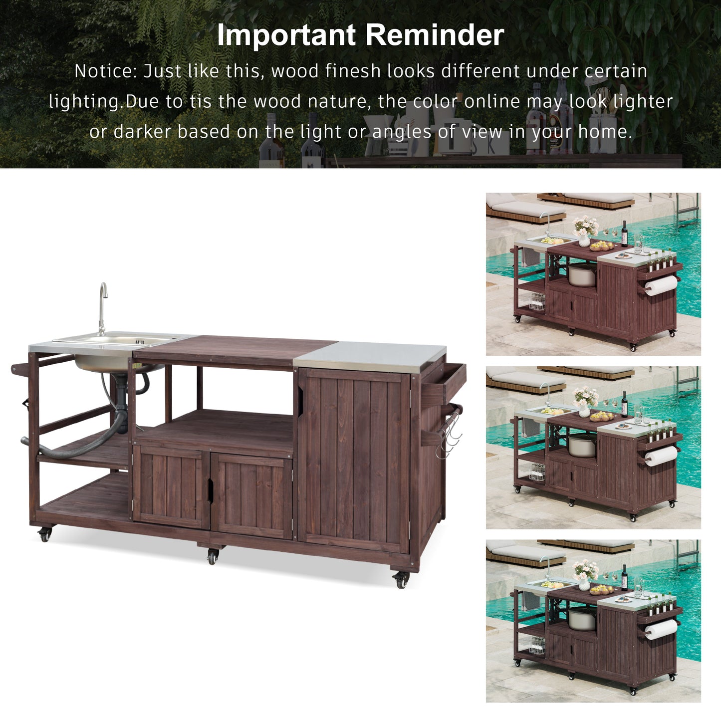 75.4" Outdoor Kitchen Island with Sink, Solid Wood Outdoor Grill Cart for XL Green Egg Grills, Rolling Outdoor Bar Cart with Stainless Steel Top, for Pizza Prep & BBQ, Brown