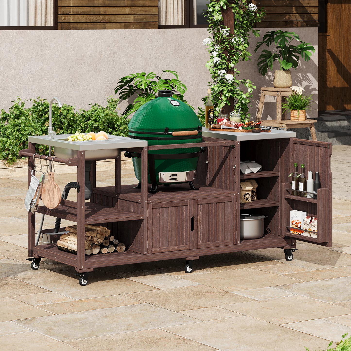 75.4" Outdoor Kitchen Island with Sink, Solid Wood Outdoor Grill Cart for XL Green Egg Grills, Rolling Outdoor Bar Cart with Stainless Steel Top, for Pizza Prep & BBQ, Brown