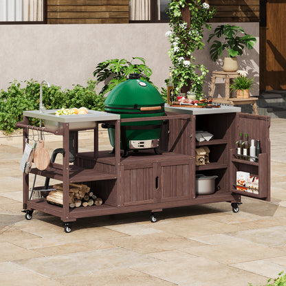 75.4" Outdoor Kitchen Island with Sink, Solid Wood Outdoor Grill Cart for XL Green Egg Grills, Rolling Outdoor Bar Cart with Stainless Steel Top, for Pizza Prep & BBQ, Brown