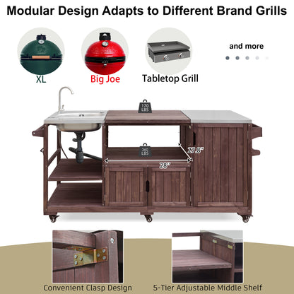75.4" Outdoor Kitchen Island with Sink, Solid Wood Outdoor Grill Cart for XL Green Egg Grills, Rolling Outdoor Bar Cart with Stainless Steel Top, for Pizza Prep & BBQ, Brown
