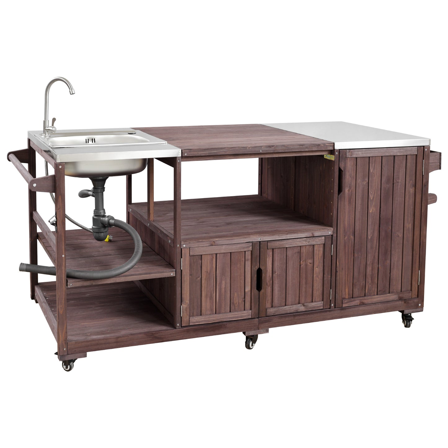 75.4" Outdoor Kitchen Island with Sink, Solid Wood Outdoor Grill Cart for XL Green Egg Grills, Rolling Outdoor Bar Cart with Stainless Steel Top, for Pizza Prep & BBQ, Brown