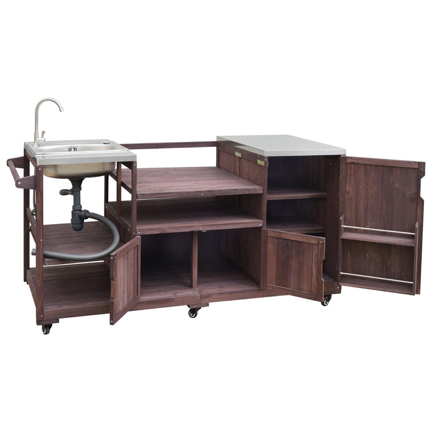 75.4" Outdoor Kitchen Island with Sink, Solid Wood Outdoor Grill Cart for XL Green Egg Grills, Rolling Outdoor Bar Cart with Stainless Steel Top, for Pizza Prep & BBQ, Brown