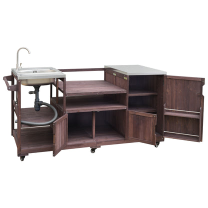 75.4" Outdoor Kitchen Island with Sink, Solid Wood Outdoor Grill Cart for XL Green Egg Grills, Rolling Outdoor Bar Cart with Stainless Steel Top, for Pizza Prep & BBQ, Brown