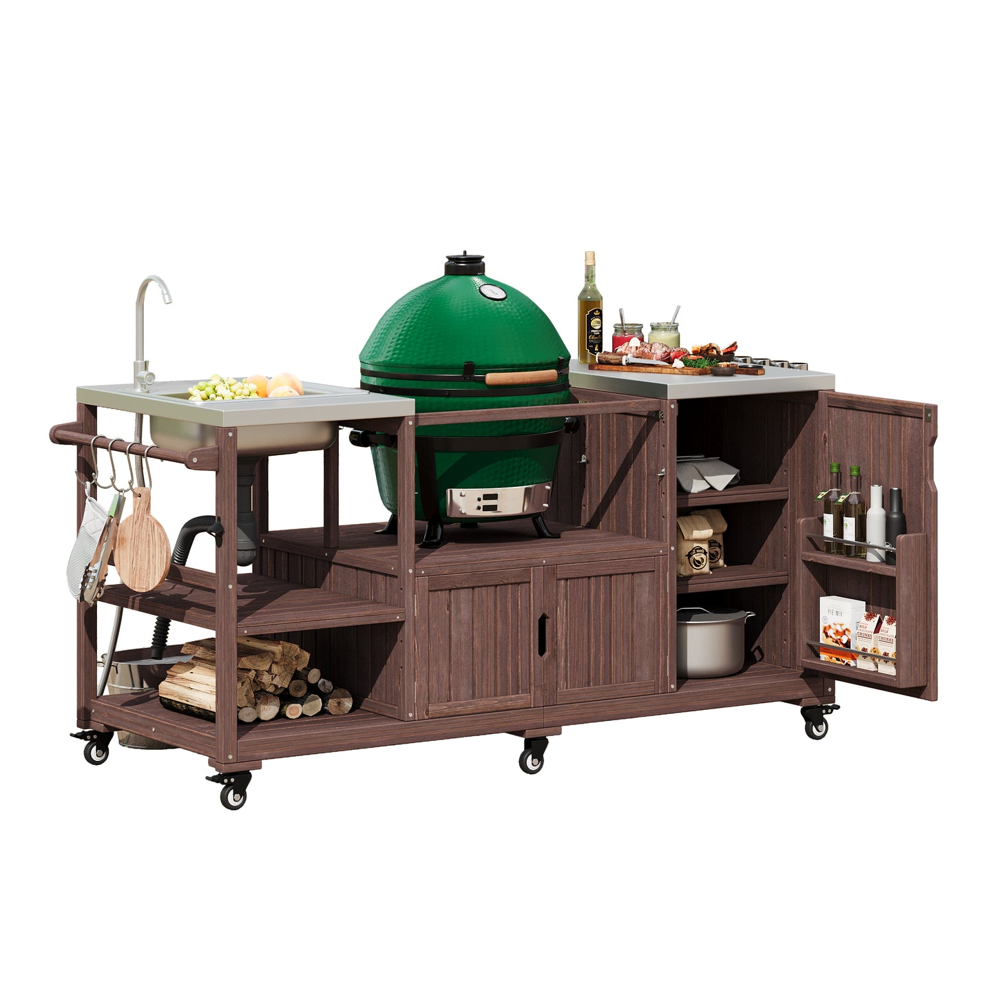 75.4" Outdoor Kitchen Island with Sink, Solid Wood Outdoor Grill Cart for XL Green Egg Grills, Rolling Outdoor Bar Cart with Stainless Steel Top, for Pizza Prep & BBQ, Brown