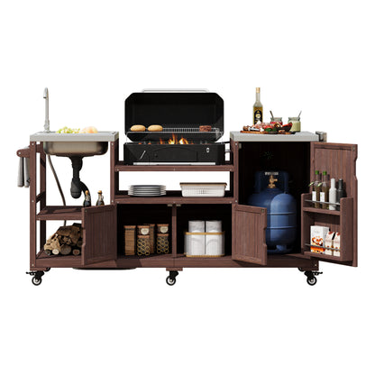 75.4" Outdoor Kitchen Island with Sink, Solid Wood Outdoor Grill Cart for XL Green Egg Grills, Rolling Outdoor Bar Cart with Stainless Steel Top, for Pizza Prep & BBQ, Brown