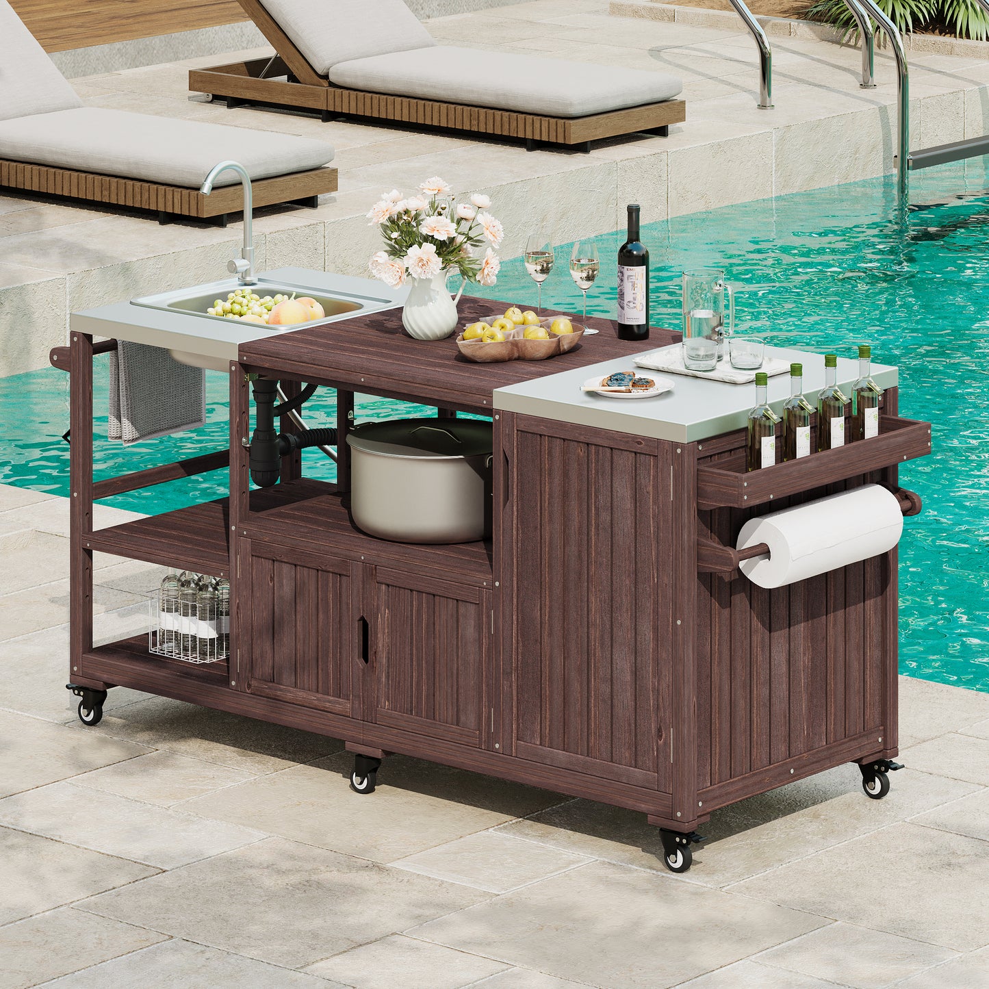 75.4" Outdoor Kitchen Island with Sink, Solid Wood Outdoor Grill Cart for XL Green Egg Grills, Rolling Outdoor Bar Cart with Stainless Steel Top, for Pizza Prep & BBQ, Brown