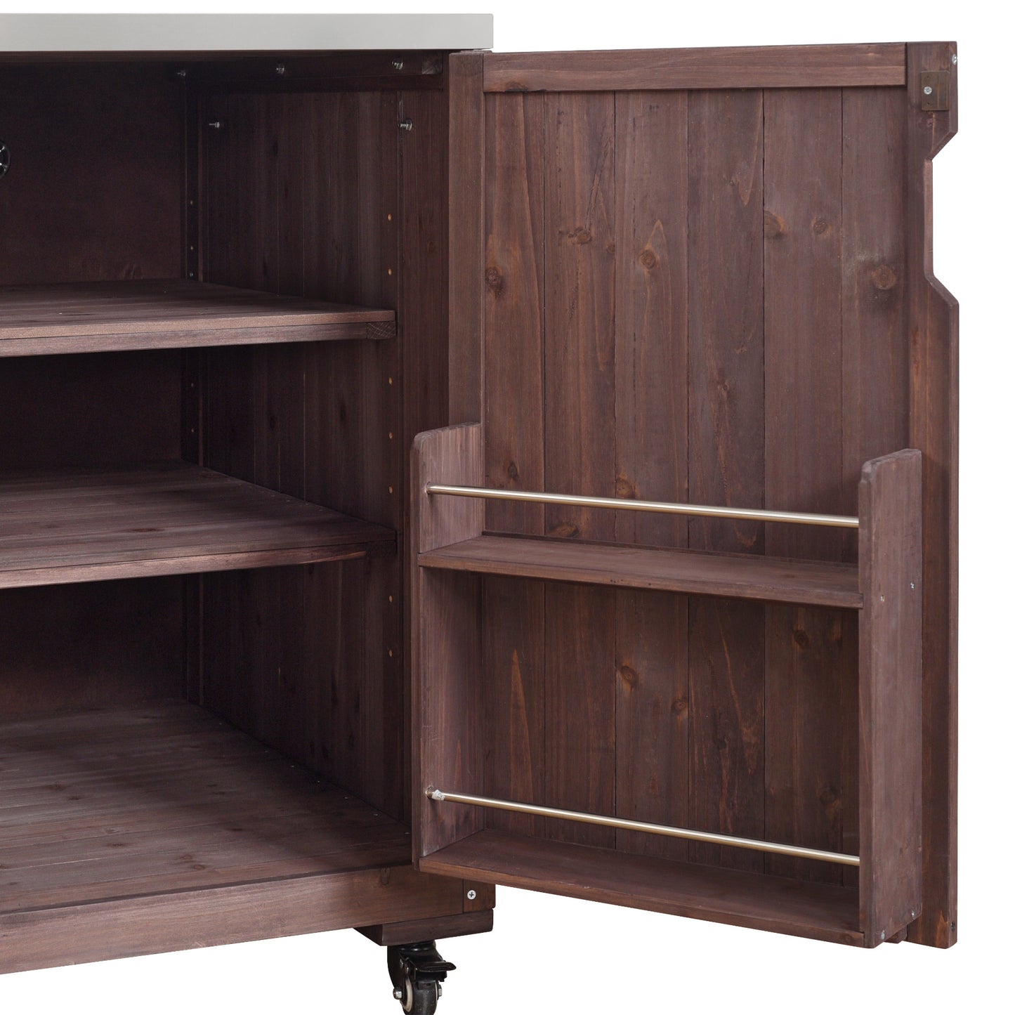 75.4" Outdoor Kitchen Island with Sink, Solid Wood Outdoor Grill Cart for XL Green Egg Grills, Rolling Outdoor Bar Cart with Stainless Steel Top, for Pizza Prep & BBQ, Brown