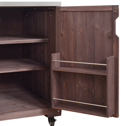 75.4" Outdoor Kitchen Island with Sink, Solid Wood Outdoor Grill Cart for XL Green Egg Grills, Rolling Outdoor Bar Cart with Stainless Steel Top, for Pizza Prep & BBQ, Brown