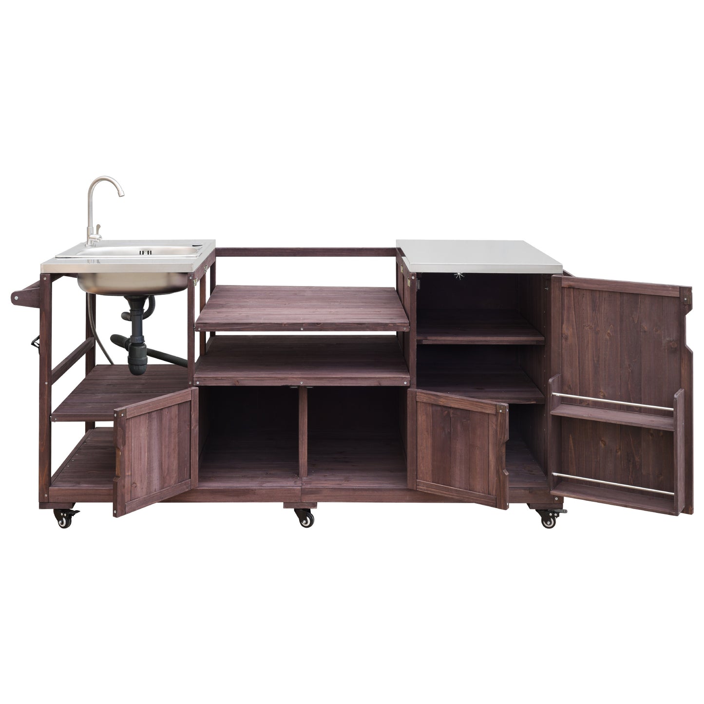 75.4" Outdoor Kitchen Island with Sink, Solid Wood Outdoor Grill Cart for XL Green Egg Grills, Rolling Outdoor Bar Cart with Stainless Steel Top, for Pizza Prep & BBQ, Brown