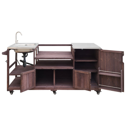 75.4" Outdoor Kitchen Island with Sink, Solid Wood Outdoor Grill Cart for XL Green Egg Grills, Rolling Outdoor Bar Cart with Stainless Steel Top, for Pizza Prep & BBQ, Brown