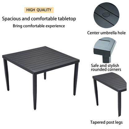 5-Piece Outdoor Patio Aluminum Furniture, Modern Dining Set, including 4 Dining Chairs Sunbrella Fabric Cushioned and 40" Square Dining Table with Umbrella Hole, Ember Black