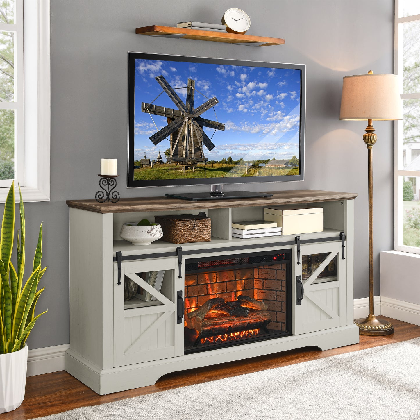 60 Inch Electric Fireplace  Entertainment Center With Door Sensor-Jasmine white color