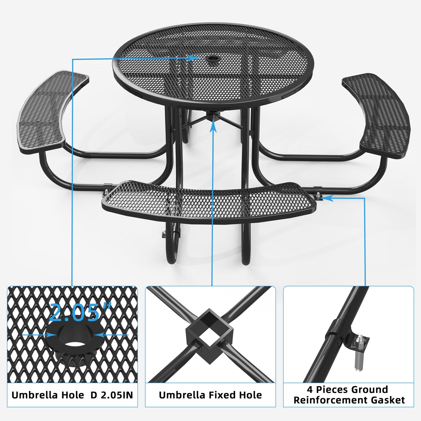 Round Outdoor Steel Picnic Table 46" with umbrella pole,Black