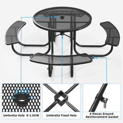 Round Outdoor Steel Picnic Table 46" with umbrella pole,Black