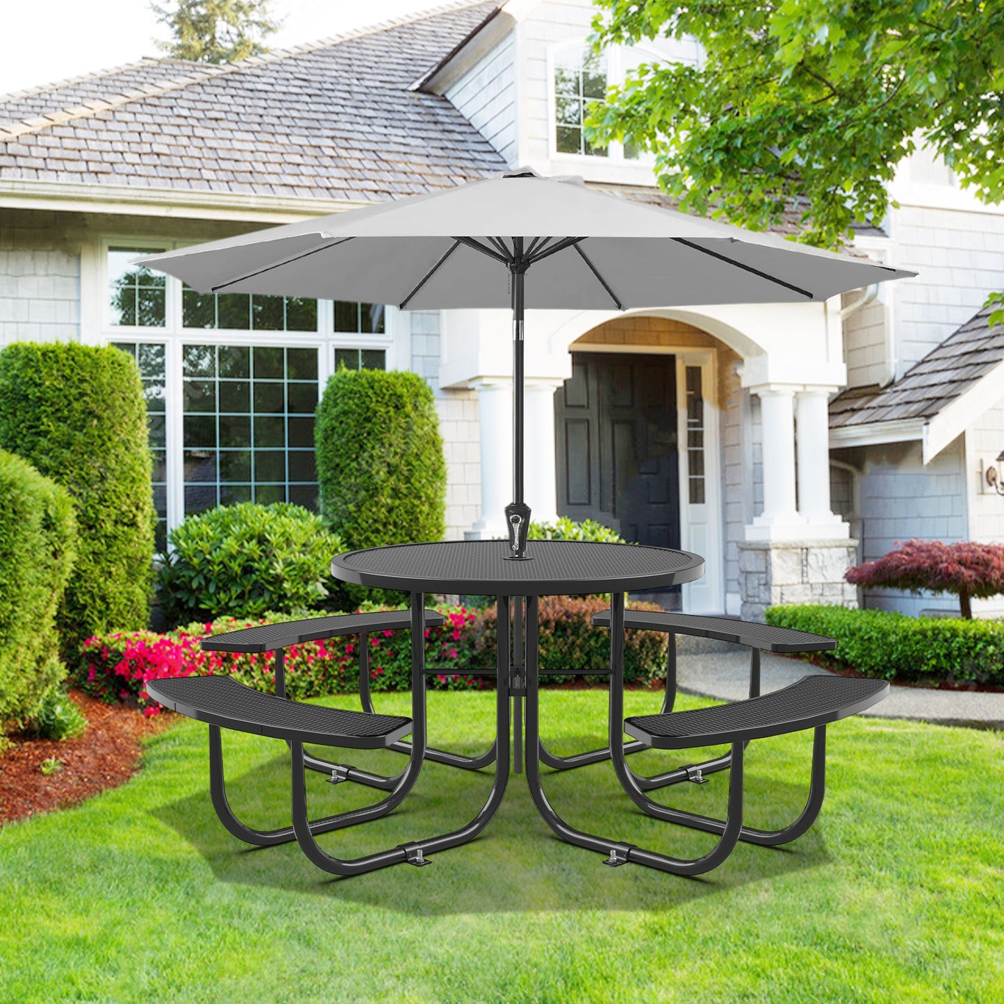 Round Outdoor Steel Picnic Table 46" with umbrella pole,Black