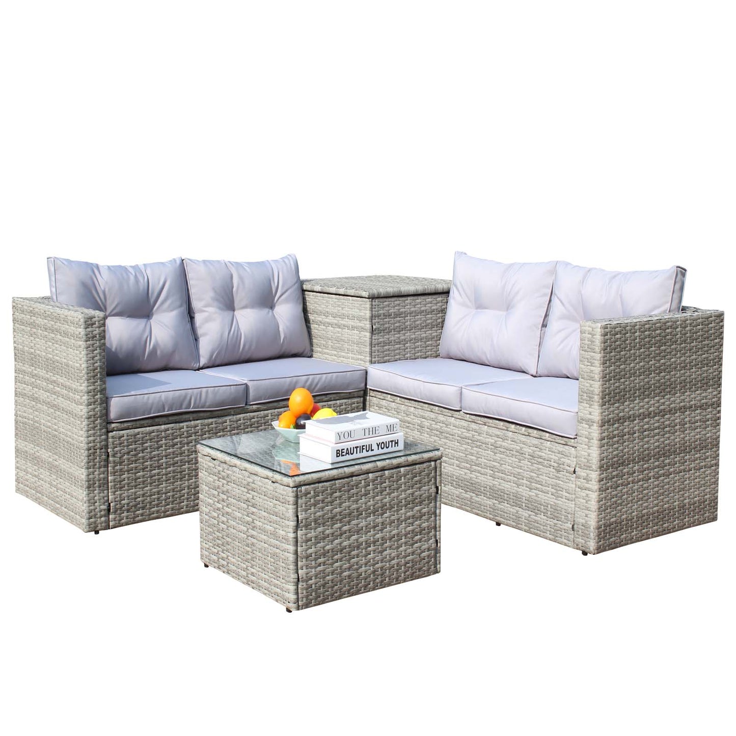 4 Piece Patio Sectional Wicker Rattan Outdoor Furniture Sofa Set with Storage Box Grey