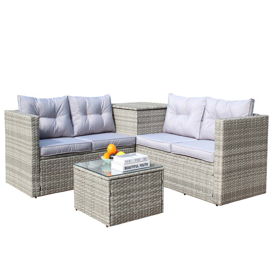 4 Piece Patio Sectional Wicker Rattan Outdoor Furniture Sofa Set with Storage Box Grey