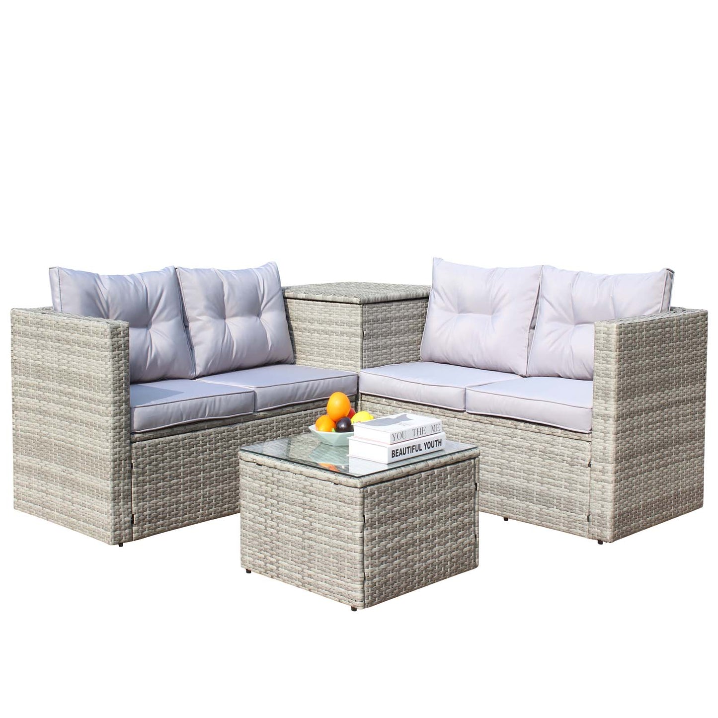 4 Piece Patio Sectional Wicker Rattan Outdoor Furniture Sofa Set with Storage Box Grey