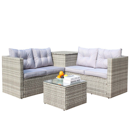 4 Piece Patio Sectional Wicker Rattan Outdoor Furniture Sofa Set with Storage Box Grey
