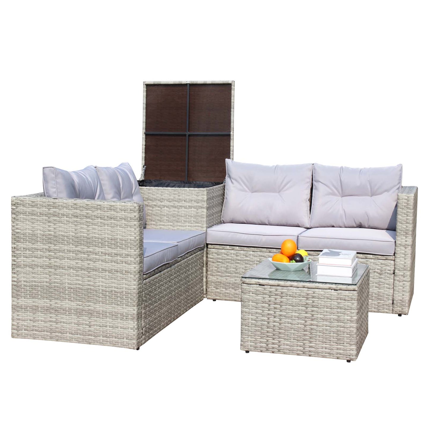 4 Piece Patio Sectional Wicker Rattan Outdoor Furniture Sofa Set with Storage Box Grey