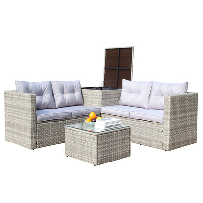 4 Piece Patio Sectional Wicker Rattan Outdoor Furniture Sofa Set with Storage Box Grey