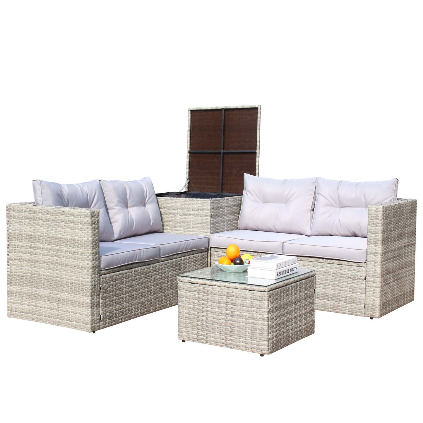 4 Piece Patio Sectional Wicker Rattan Outdoor Furniture Sofa Set with Storage Box Grey