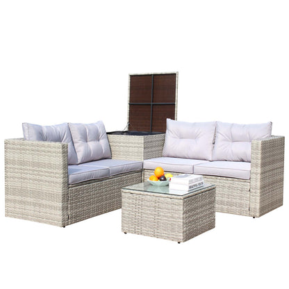4 Piece Patio Sectional Wicker Rattan Outdoor Furniture Sofa Set with Storage Box Grey