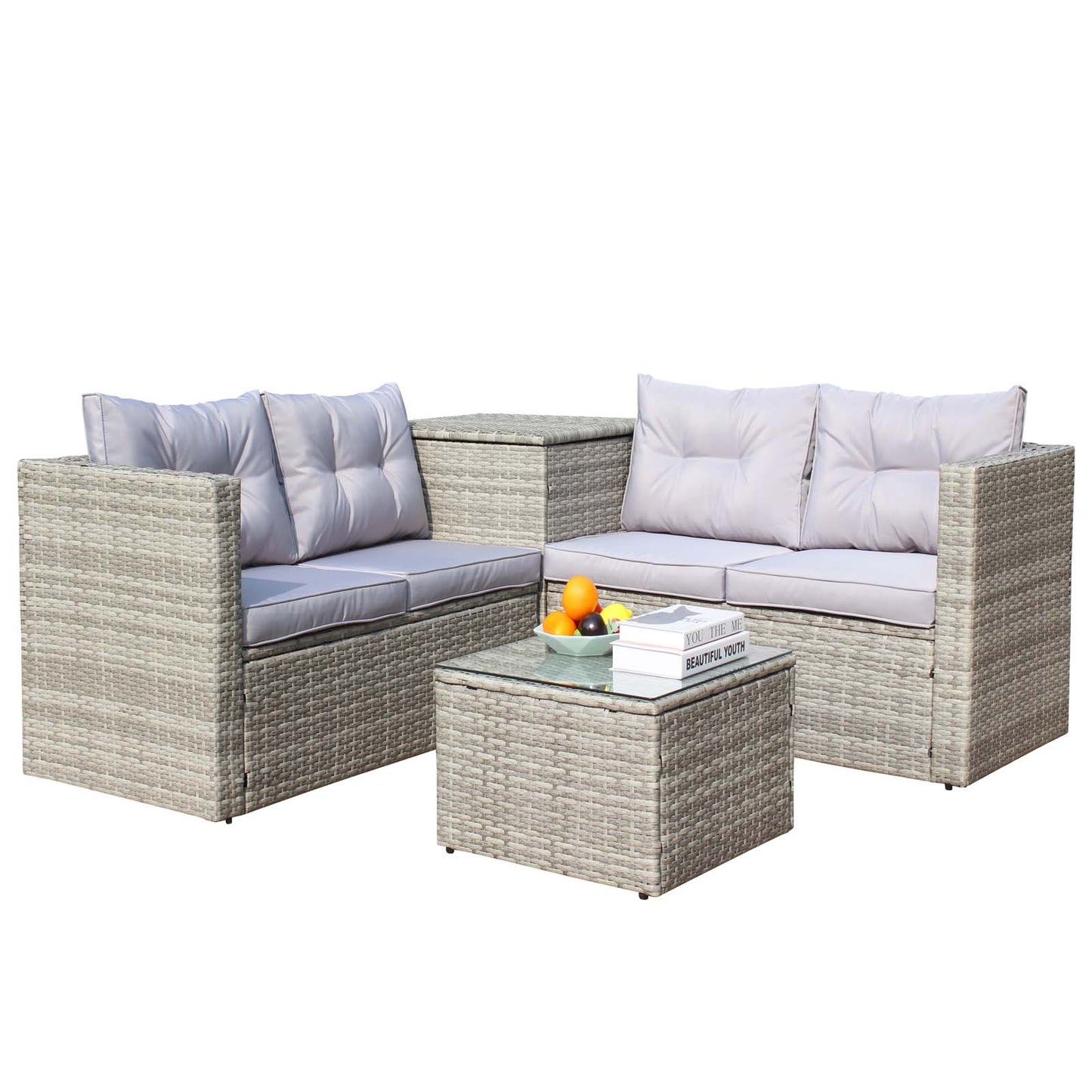 4 Piece Patio Sectional Wicker Rattan Outdoor Furniture Sofa Set with Storage Box Grey