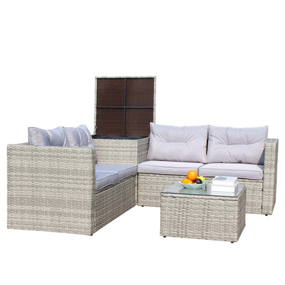 4 Piece Patio Sectional Wicker Rattan Outdoor Furniture Sofa Set with Storage Box Grey