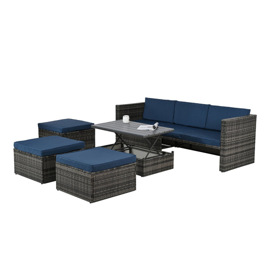 Patio Furniture, Outdoor Furniture, Seasonal PE Wicker Furniture,5 Set Wicker Furniture With Plywood Coffee Table,with lift TOP Coffee Table,with Lounger Sofa
