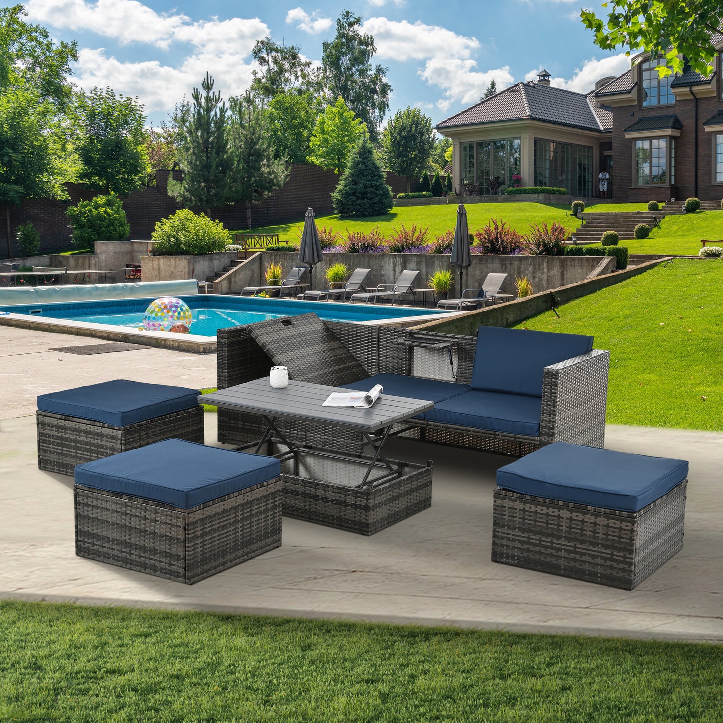 Patio Furniture, Outdoor Furniture, Seasonal PE Wicker Furniture,5 Set Wicker Furniture With Plywood Coffee Table,with lift TOP Coffee Table,with Lounger Sofa