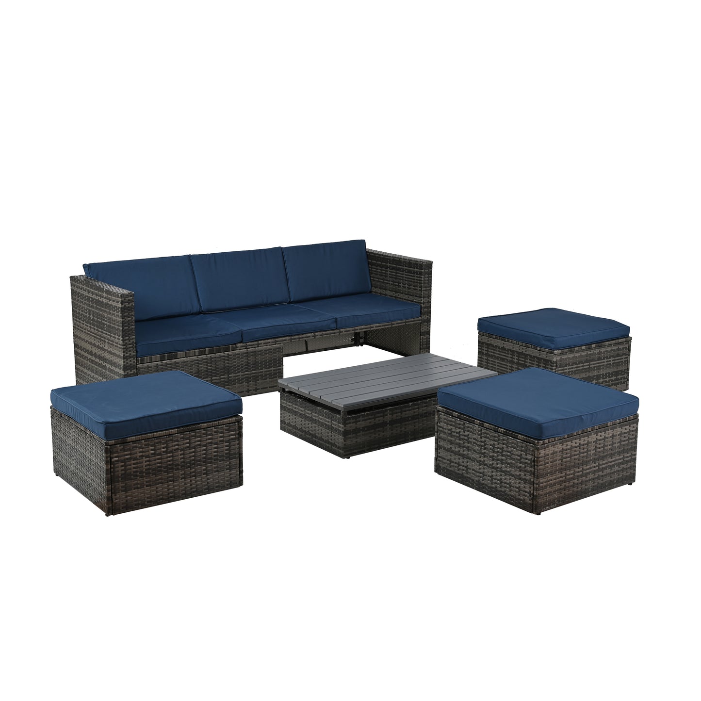 Patio Furniture, Outdoor Furniture, Seasonal PE Wicker Furniture,5 Set Wicker Furniture With Plywood Coffee Table,with lift TOP Coffee Table,with Lounger Sofa