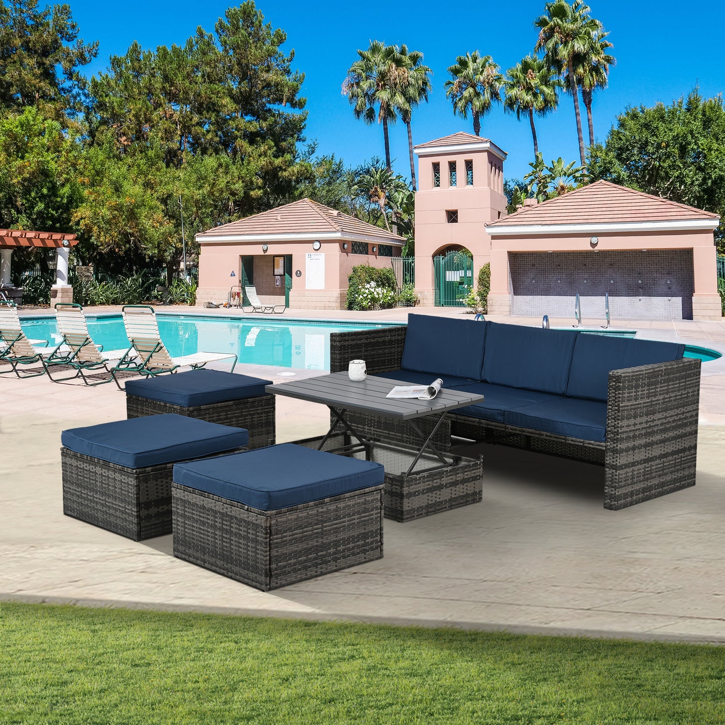 Patio Furniture, Outdoor Furniture, Seasonal PE Wicker Furniture,5 Set Wicker Furniture With Plywood Coffee Table,with lift TOP Coffee Table,with Lounger Sofa