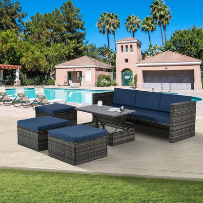 Patio Furniture, Outdoor Furniture, Seasonal PE Wicker Furniture,5 Set Wicker Furniture With Plywood Coffee Table,with lift TOP Coffee Table,with Lounger Sofa