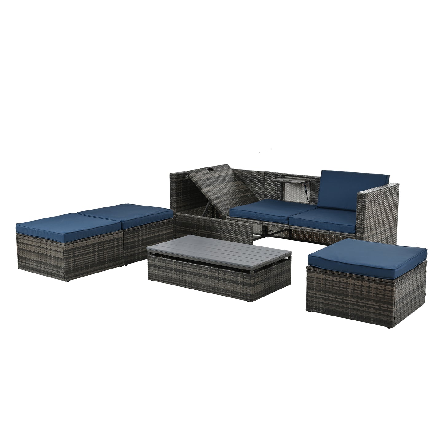 Patio Furniture, Outdoor Furniture, Seasonal PE Wicker Furniture,5 Set Wicker Furniture With Plywood Coffee Table,with lift TOP Coffee Table,with Lounger Sofa