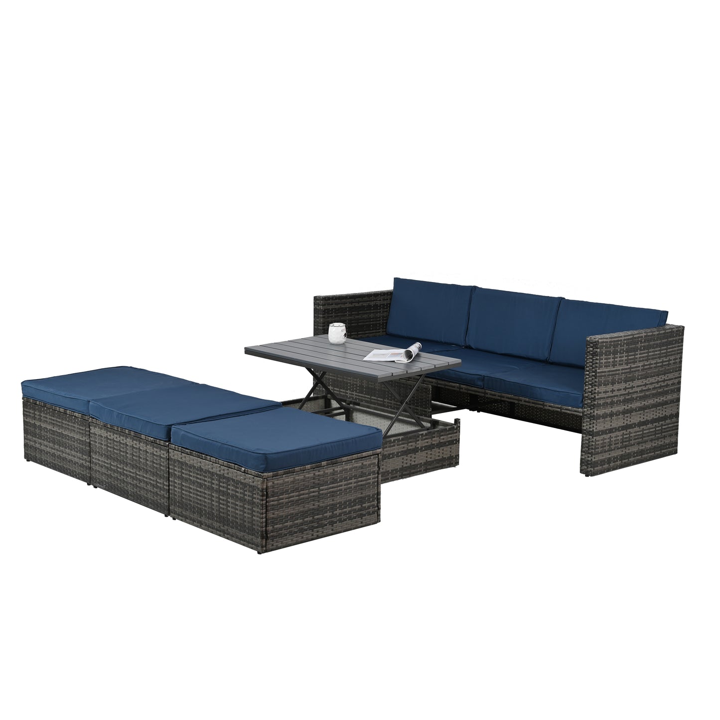 Patio Furniture, Outdoor Furniture, Seasonal PE Wicker Furniture,5 Set Wicker Furniture With Plywood Coffee Table,with lift TOP Coffee Table,with Lounger Sofa