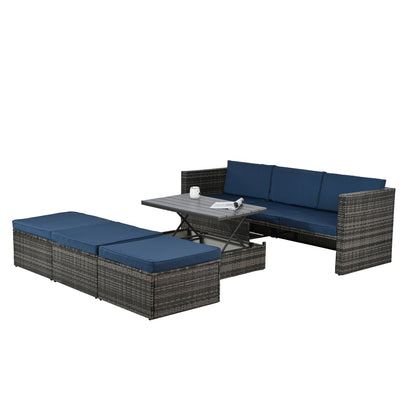 Patio Furniture, Outdoor Furniture, Seasonal PE Wicker Furniture,5 Set Wicker Furniture With Plywood Coffee Table,with lift TOP Coffee Table,with Lounger Sofa