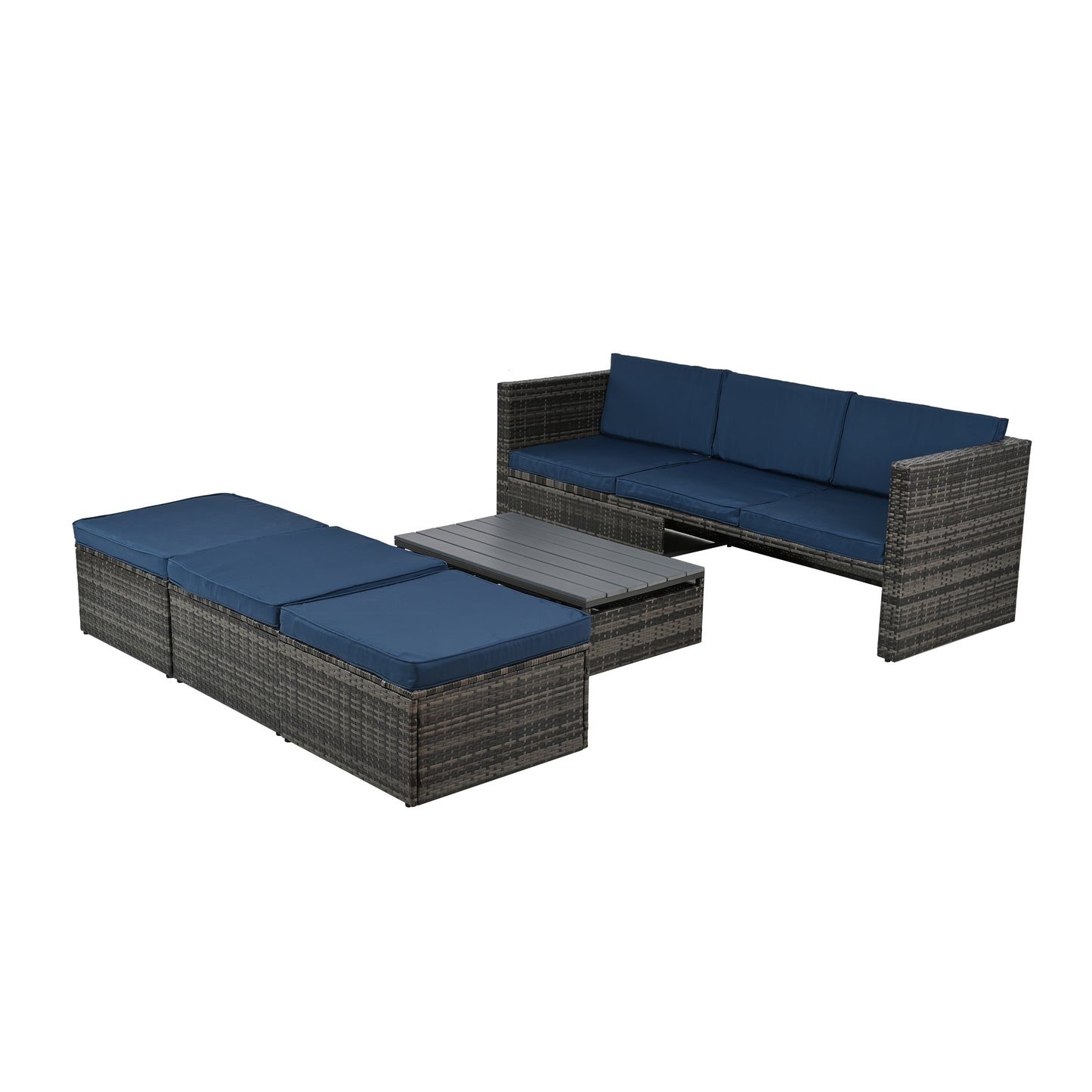 Patio Furniture, Outdoor Furniture, Seasonal PE Wicker Furniture,5 Set Wicker Furniture With Plywood Coffee Table,with lift TOP Coffee Table,with Lounger Sofa